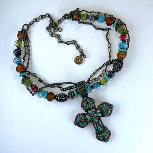 NWOT Beaded Enamel Rhinestone Cross Statement Necklace - Designer Sweet Romance